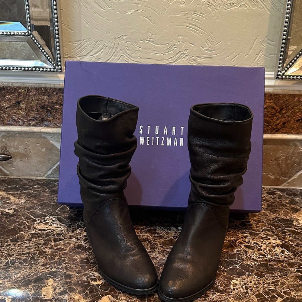 Stuart Weitzman Black Slouch Leather Mid-Calf Boots.Size 7.5 M